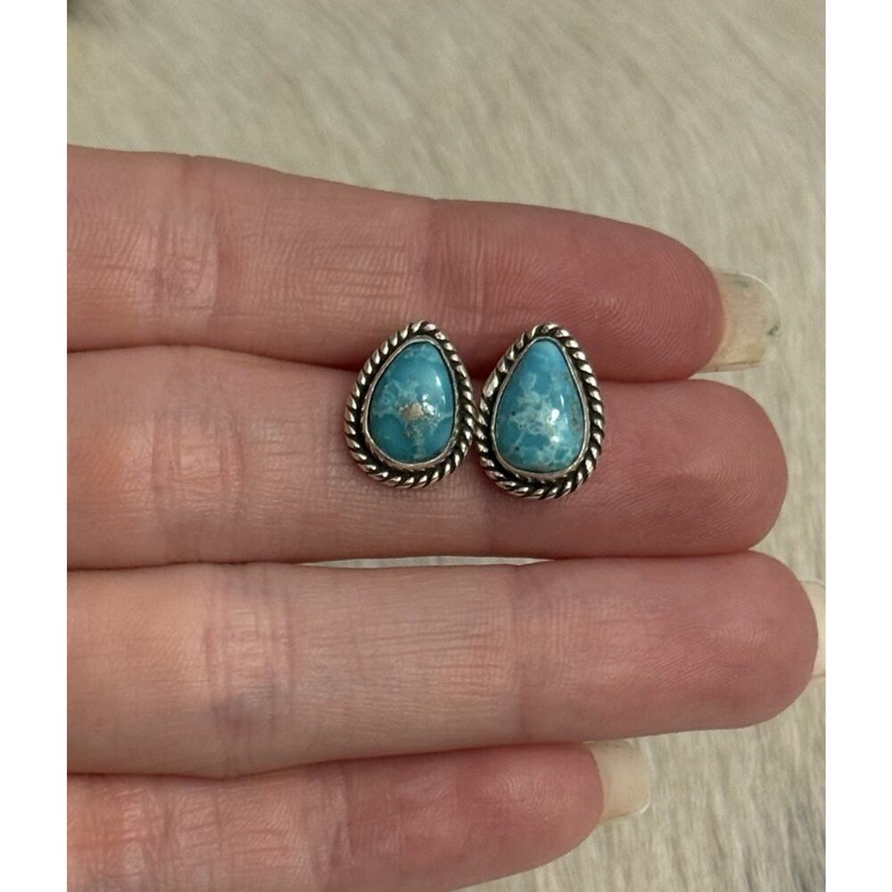 Sterling Silver Blue White Water Turquoise Tear Drop Braided Stud Post Earrings